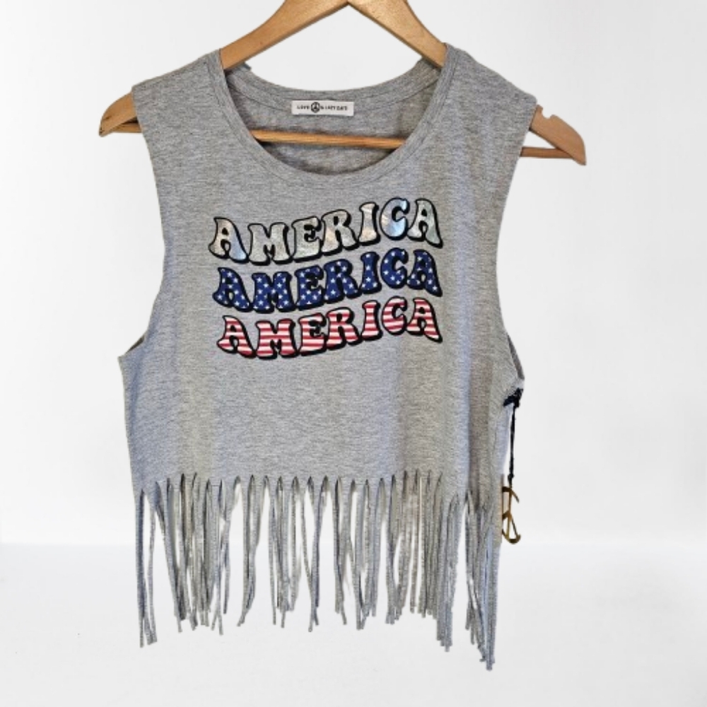 Love Peace and Lazy Days Womens Gray Fringe Crop Top Size Large